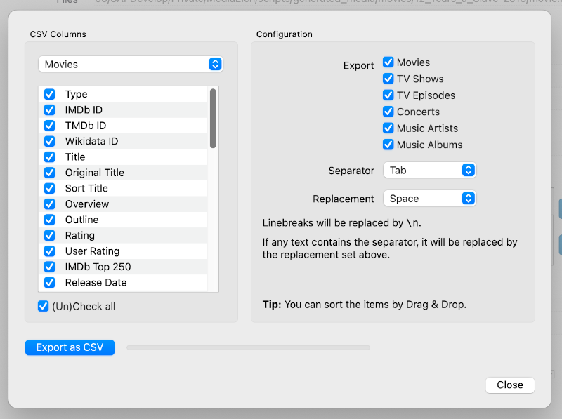 Export CSV Dialog